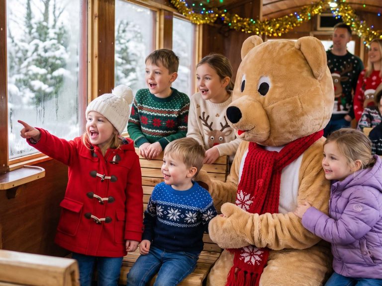 Children laughing with Grumble Bear in a festive scarf on board a decorated Santa train in Leeds