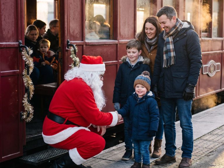 Santa kneels to shake hands with a little boy beside a maroon carriage on a Santa Special in Leeds