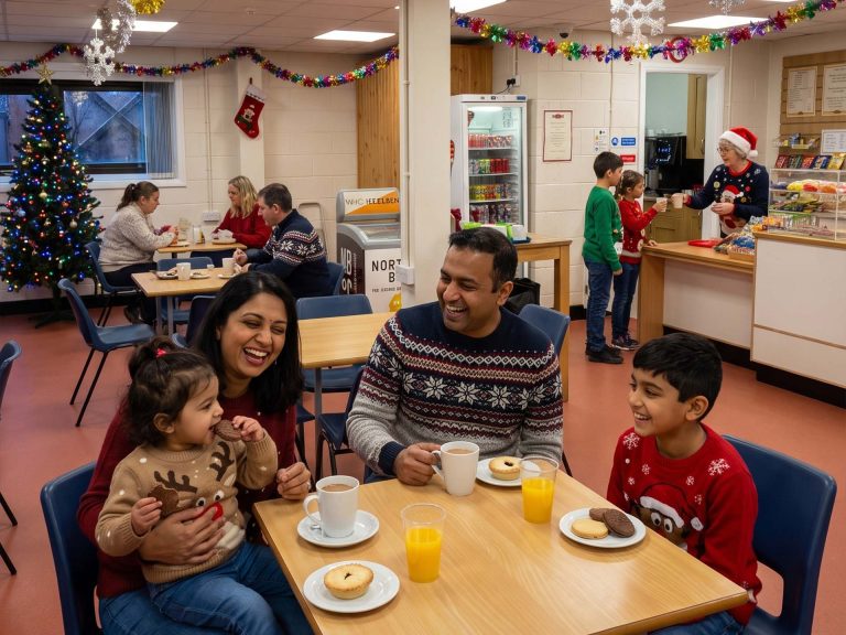 Family enjoying mince pies, tea and juice in the festive café after a Santa Special at Middleton Railway, Leeds