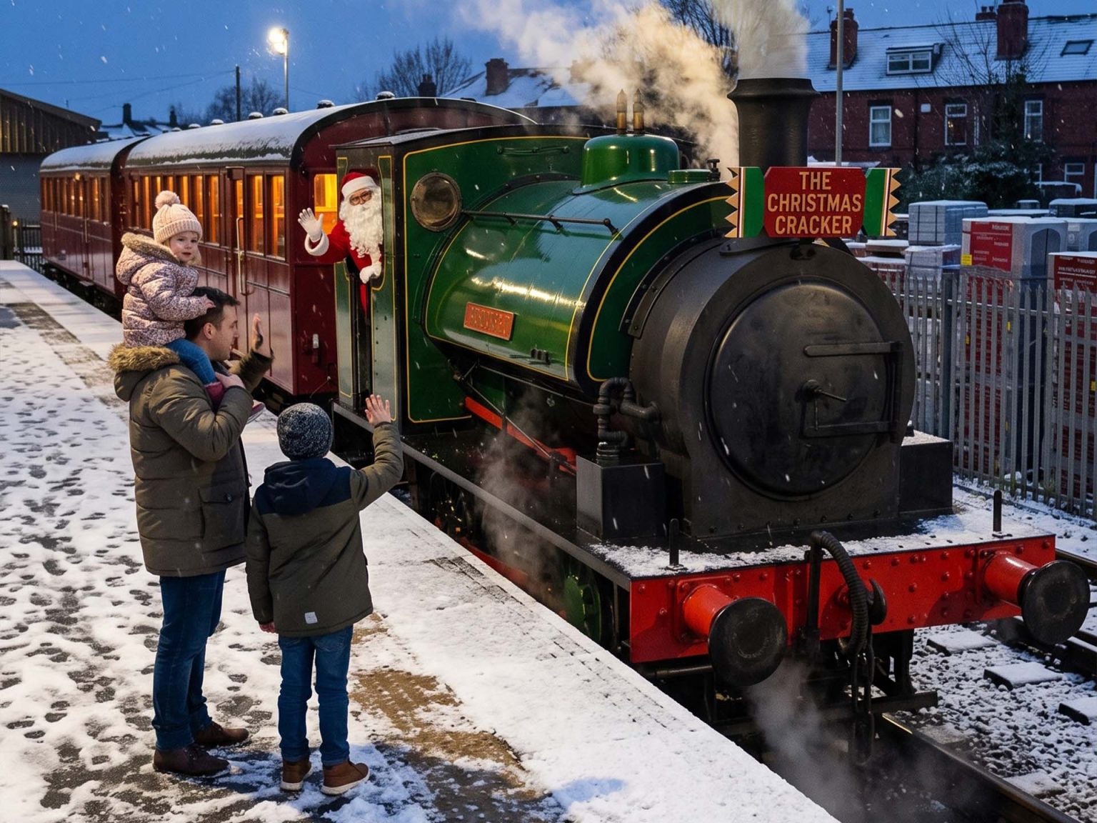 Dad and child wave to Santa in the cab of a steam train on a snowy platform at dusk in Leeds