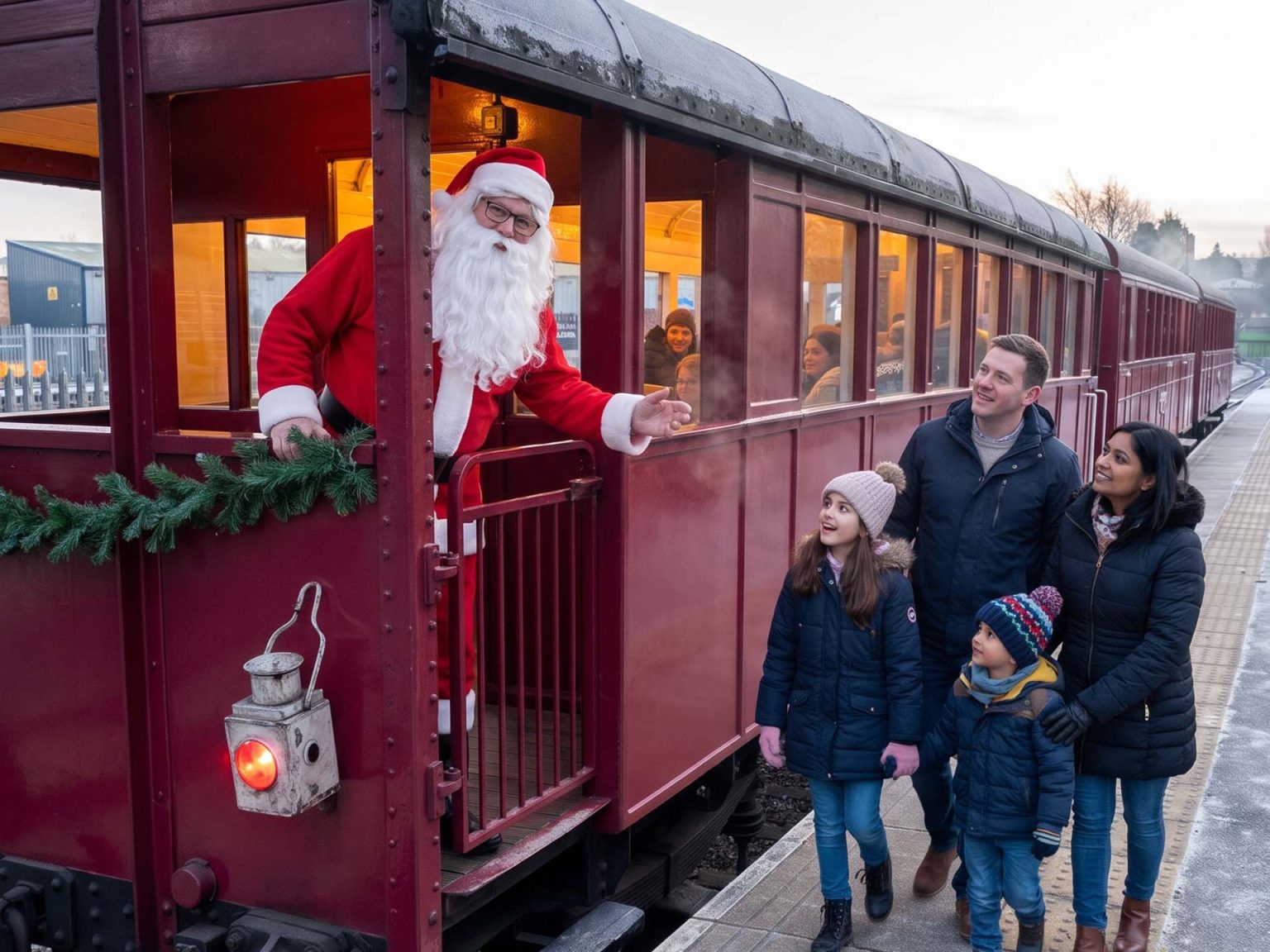Santa waves from the end of a maroon carriage as a family walks along the platform to board